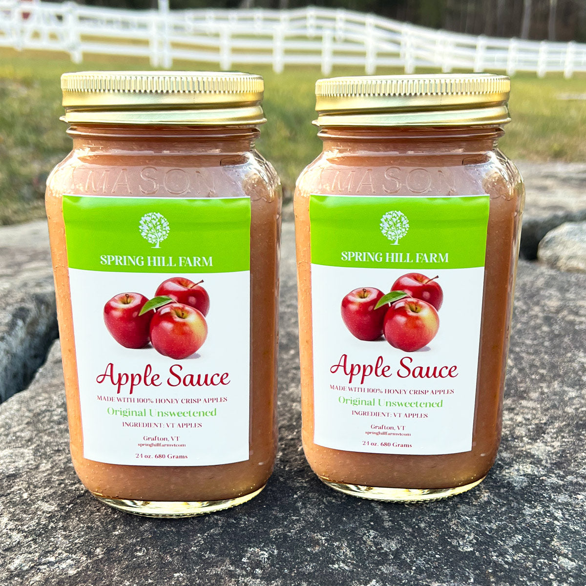 two jars of handmade, natural honey crisp apple sauce, unsweetened - spring hill farm vermont