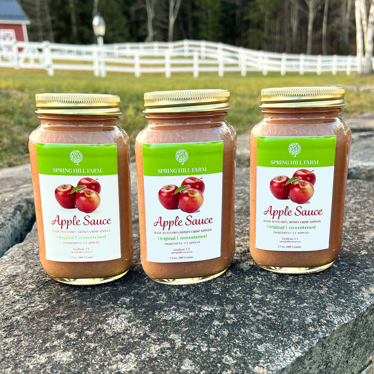 three glass mason jars of 24 oz honey crisp apple sauce, unsweetened - spring hill farm vermont